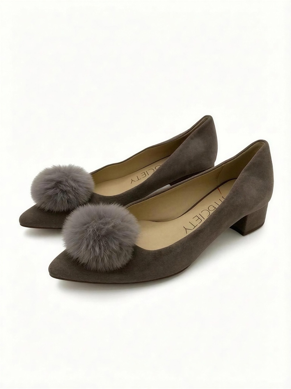 Sole Society Taupe Suede Pom-Pom Block Heel Pumps